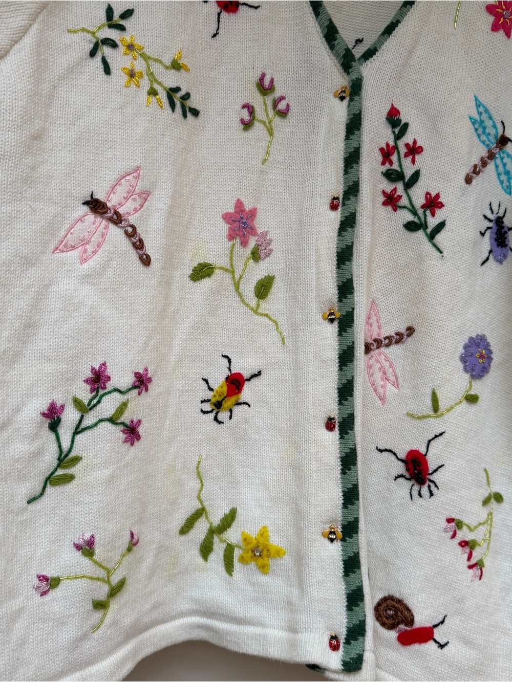 Storybook Knits White Cardigan with Multicolor Floral & Bug Embroidery - Picture 2 of 5